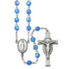 6mm Sapphire Faceted Tin Cut Glass Bead Rosary with Genuine Pewter Sun Burst Crucifix and Miraculous Medal Centerpiece