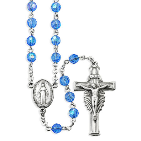 6mm Sapphire Faceted Tin Cut Glass Bead Rosary with Genuine Pewter Sun Burst Crucifix and Miraculous Medal Centerpiece