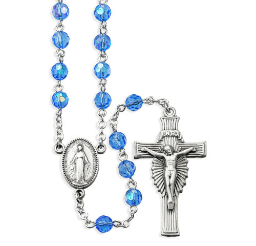 6mm Sapphire Faceted Tin Cut Glass Bead Rosary with Genuine Pewter Sun Burst Crucifix and Miraculous Medal Centerpiece