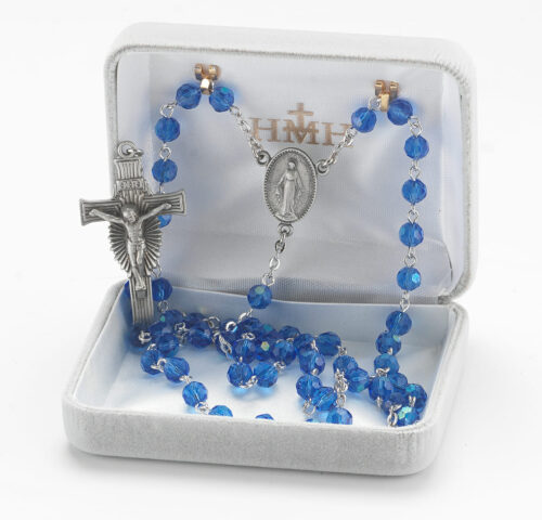 6mm Sapphire Faceted Tin Cut Glass Bead Rosary with Genuine Pewter Sun Burst Crucifix and Miraculous Medal Centerpiece - Image 3