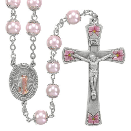 8mm Round Pink Glass Capped Bead with New England Pewter Pink Enameled Center & Crucifix