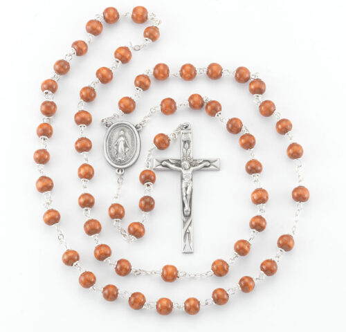 6mm Brown Oval Wood Bead Rosary with Pewter Crucifix and Center - Image 2