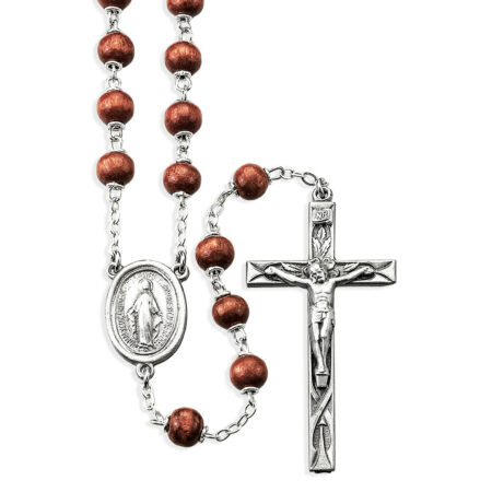 6mm Brown Oval Wood Bead Rosary with Pewter Crucifix and Center