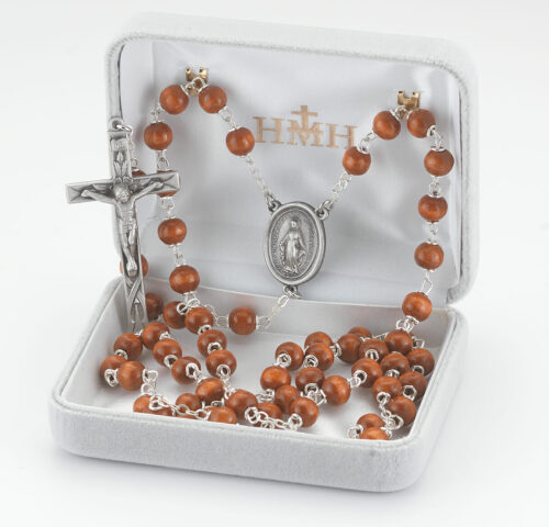 6mm Brown Oval Wood Bead Rosary with Pewter Crucifix and Center - Image 3