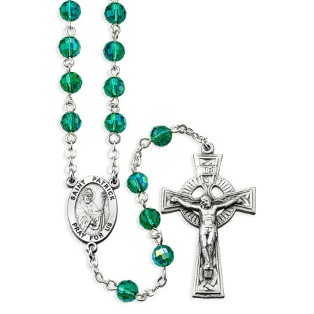 6mm Emerald Bead Rosary with Pewter Celtic Crucifix and Saint Patrick Center