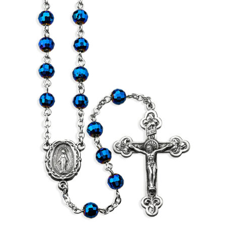 6mm Faceted Blue Bead Rosary with Pewter Crucifix and Center