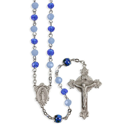 8mm Blue Opal Caribbean Faceted 5mm Glass Bead with New England Pewter Crucifix and Center