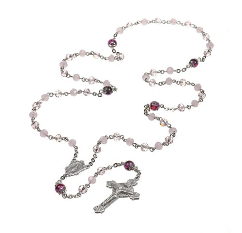 8mm Pink Rose Opal Rose Faceted 5mm Glass Bead with New England Pewter Crucifix and Center - Image 2