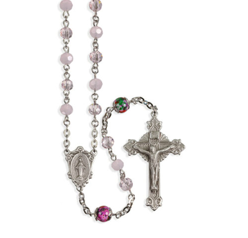 8mm Pink Rose Opal Rose Faceted 5mm Glass Bead with New England Pewter Crucifix and Center