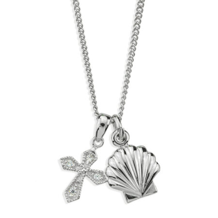 Sterling Silver Baptismal Shell Medal and Small CZ Cross