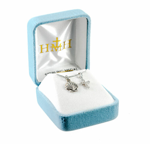 Sterling Silver Baptismal Shell Medal and Small CZ Cross - Image 2