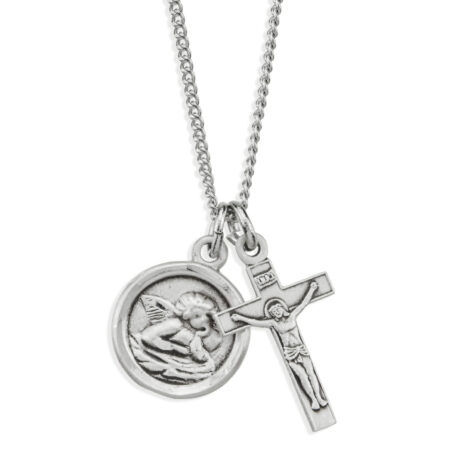 Sterling Silver Cherub Medal and Small Crucifix