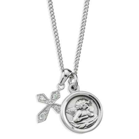 Sterling Silver Cherub Medal and Small CZ Cross