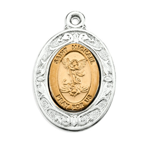 Gold Over Sterling Silver St. Michael Pendant with Rhodium Plated Sterling Silver Border - Image 2