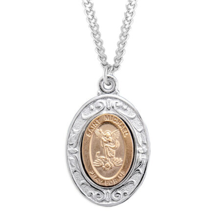 Gold Over Sterling Silver St. Michael Pendant with Rhodium Plated Sterling Silver Border