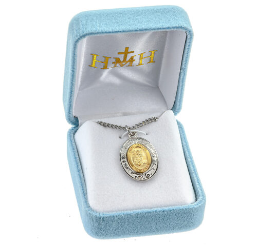 Gold Over Sterling Silver St. Michael Pendant with Rhodium Plated Sterling Silver Border - Image 4
