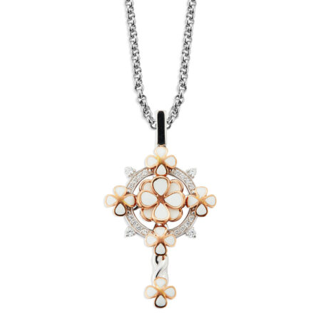 Sterling Silver Cross with White Flower Enamel & Gold Trim with CZ Accents~09