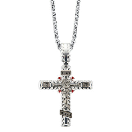 Sterling Silver Intricate Crucifix  Fire Red CZ Accents