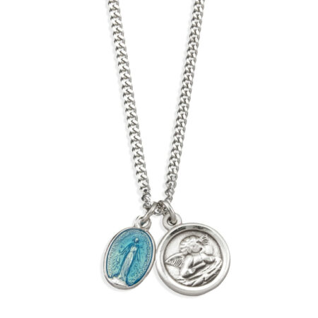 Sterling Silver Blue enamel Miraculous Medal and Sterling Cherub Medal