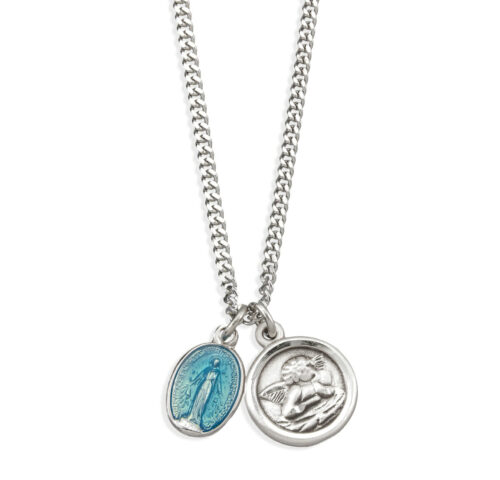 Sterling Silver Blue enamel Miraculous Medal and Sterling Cherub Medal