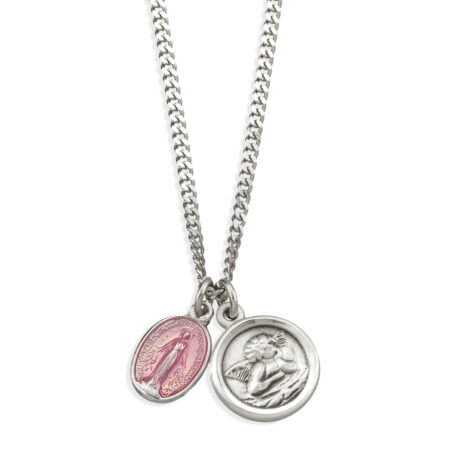 Sterling Silver Pink enamel Miraculous Medal and Sterling Cherub Medal