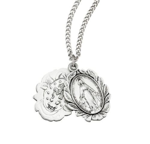 Sterling Silver Double Slide Rose Bud Miraculous Medal 20"