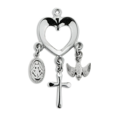Sterling Silver Heart with Miraculous Medal, Cross & Holy Spirit Charms - Image 2