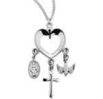 Sterling Silver Heart with Miraculous Medal, Cross & Holy Spirit Charms