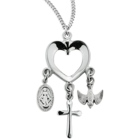 Sterling Silver Heart with Miraculous Medal, Cross & Holy Spirit Charms