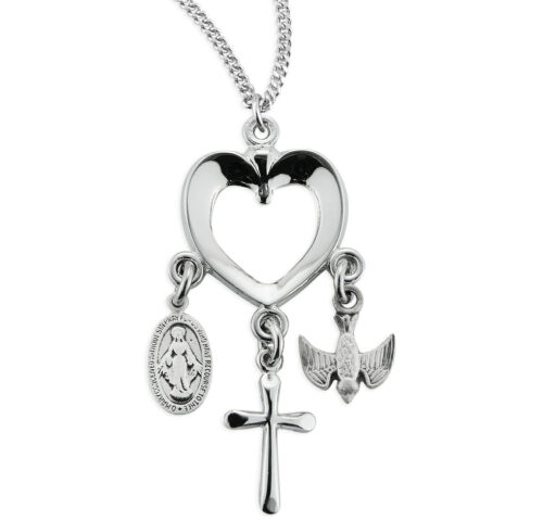Sterling Silver Heart with Miraculous Medal, Cross & Holy Spirit Charms