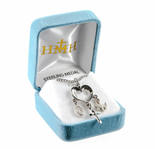 Sterling Silver Heart with Miraculous Medal, Cross & Holy Spirit Charms - Image 3