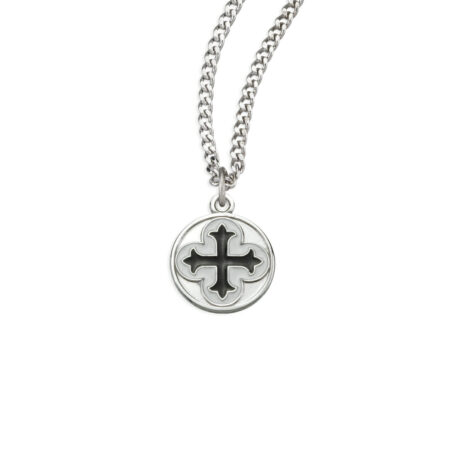 Sterling Silver Round Clover Cross Medal with Black Epoxy