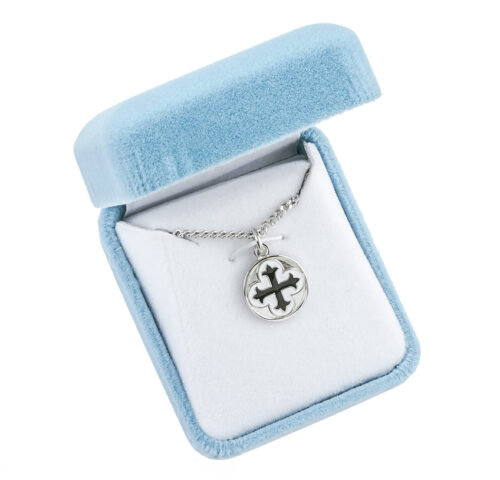 Sterling Silver Round Clover Cross Medal with Black Epoxy - Image 4