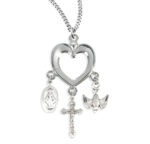 Sterling Silver Heart with Miraculous Medal, Crucifix & Holy Spirit Charms