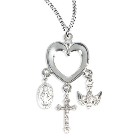 Sterling Silver Heart with Miraculous Medal, Crucifix & Holy Spirit Charms