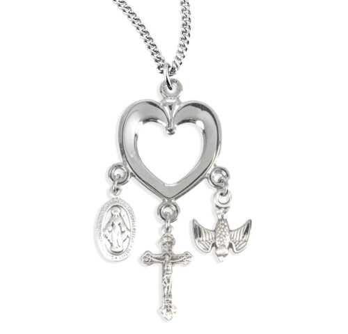 Sterling Silver Heart with Miraculous Medal, Crucifix & Holy Spirit Charms