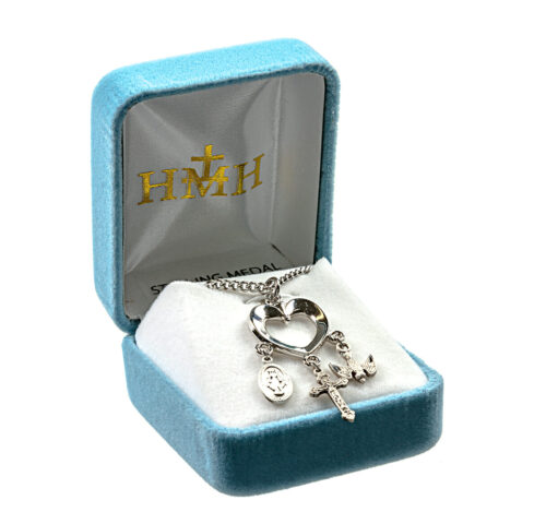 Sterling Silver Heart with Miraculous Medal, Crucifix & Holy Spirit Charms - Image 3