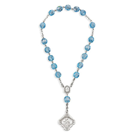 Sterling Silver St. Ann Chaplet with Miraculous Centerpiece made with Finest Crystal 7mm Light Sapphire Beads