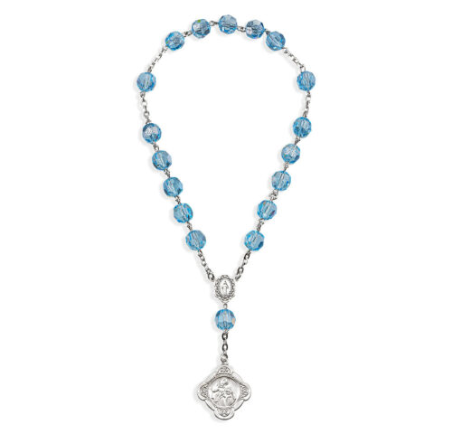 Sterling Silver St. Ann Chaplet with Miraculous Centerpiece made with Finest Crystal 7mm Light Sapphire Beads