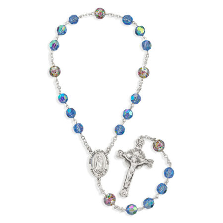 Sterling Silver OL of Guadalupe Chaplet made with Finest Austrian Crystal Light Sapphire Beads & Floral Glass Beads Crystal 7mm