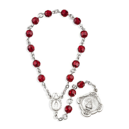 Sterling Silver Infant Jesus of Prague Chaplet with Miraculous Centerpiece made with Finest Crystal 6mm Ruby Beads