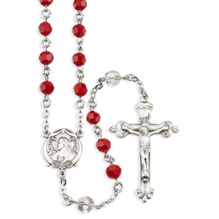 Sterling Silver Sacred Heart of Jesus Chaplet made with 6mm Finest Crystal Blood Red & Crystal Beads