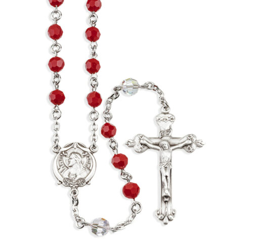 Sterling Silver Sacred Heart of Jesus Chaplet made with 6mm Finest Crystal Blood Red & Crystal Beads