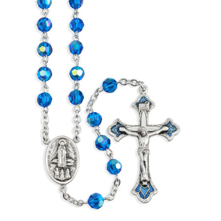 Sterling Silver Rosary Hand Made with finest Austrian Bermuda Blue Crystal 6mm Faceted Round Beads by HMH