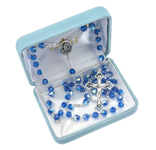 Sterling Silver Rosary Hand Made with finest Austrian Bermuda Blue Crystal 6mm Faceted Round Beads by HMH - Image 2