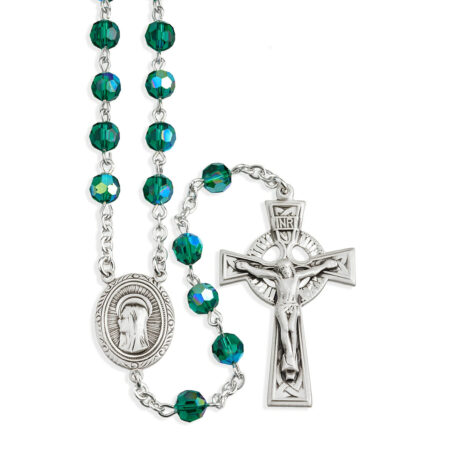 Sterling Silver Rosary Hand Made with finest Austrian Emerald Crystal 6mm Faceted Round Beads by HMH