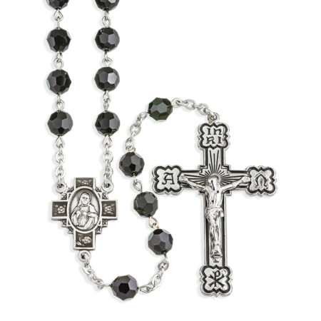 Sterling Silver Rosary Hand Made with finest Austrian Crystal 6mm Jet Faceted Round Beads by HMH