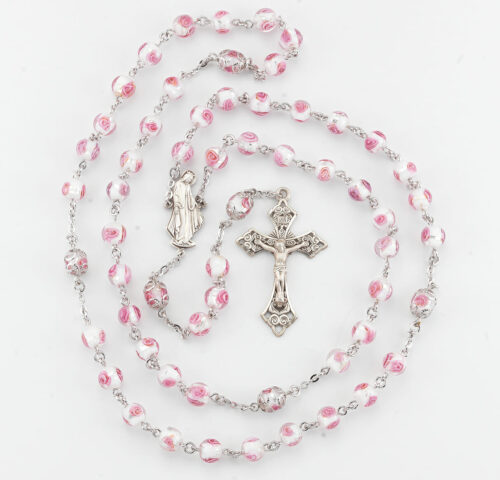 8mm Pink Rose Embedded Glass Beads with Double Capped "Our Father" Beads - Image 2