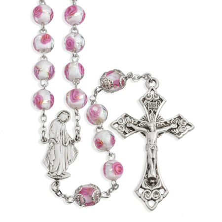 8mm Pink Rose Embedded Glass Beads with Double Capped "Our Father" Beads