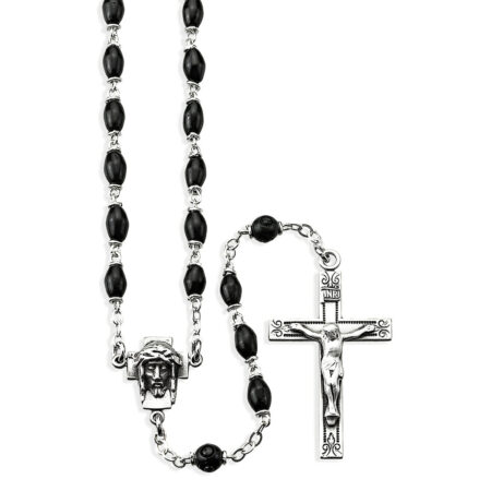 Black Oval Cocoa Bead Rosary Sterling Crucifix and Centerpiece